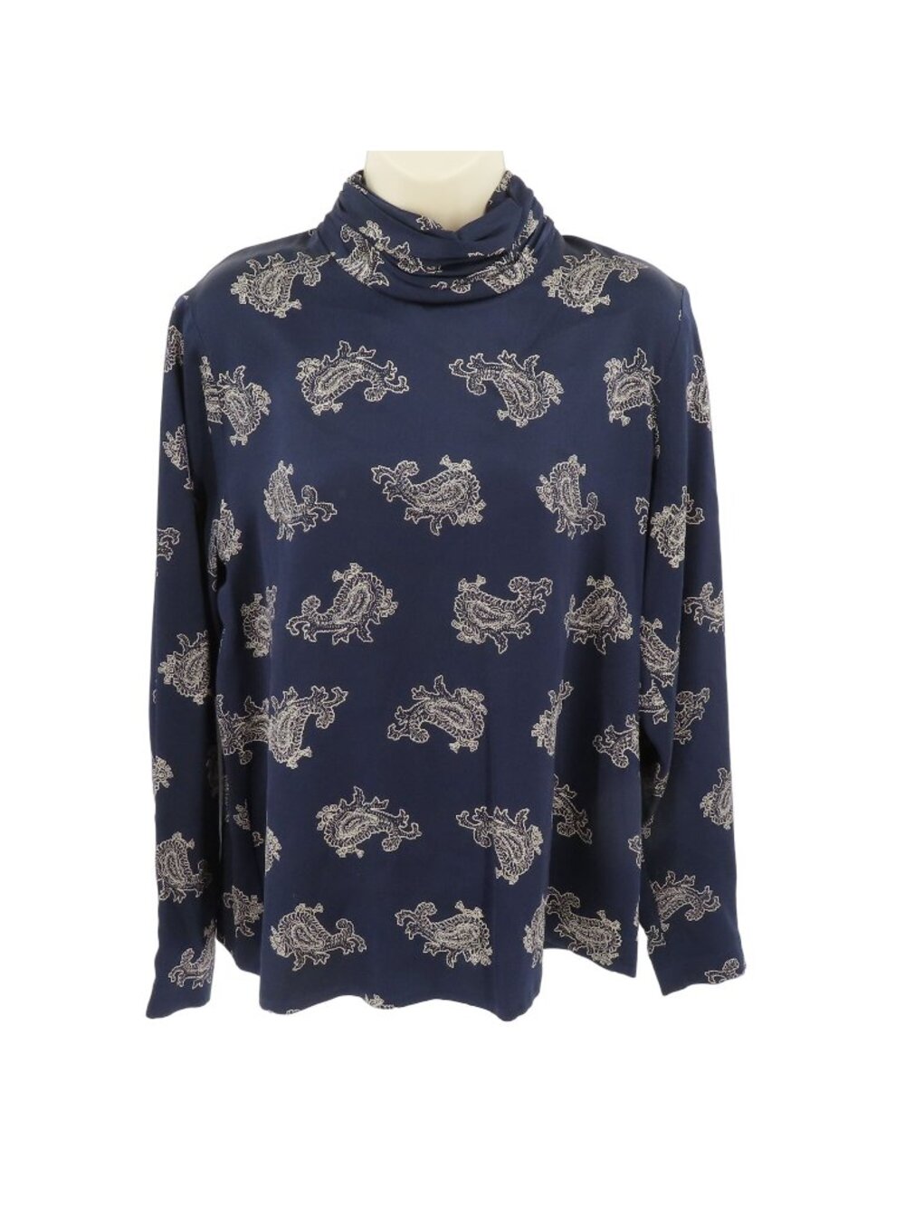 Virani Womens 8 Silk Blue Cream Paisley Swirl Turtleneck Long Sleeve Blouse Top